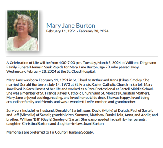 Mary Smoley Burton Deceased St Cloud MN Minnesota Last Lived In